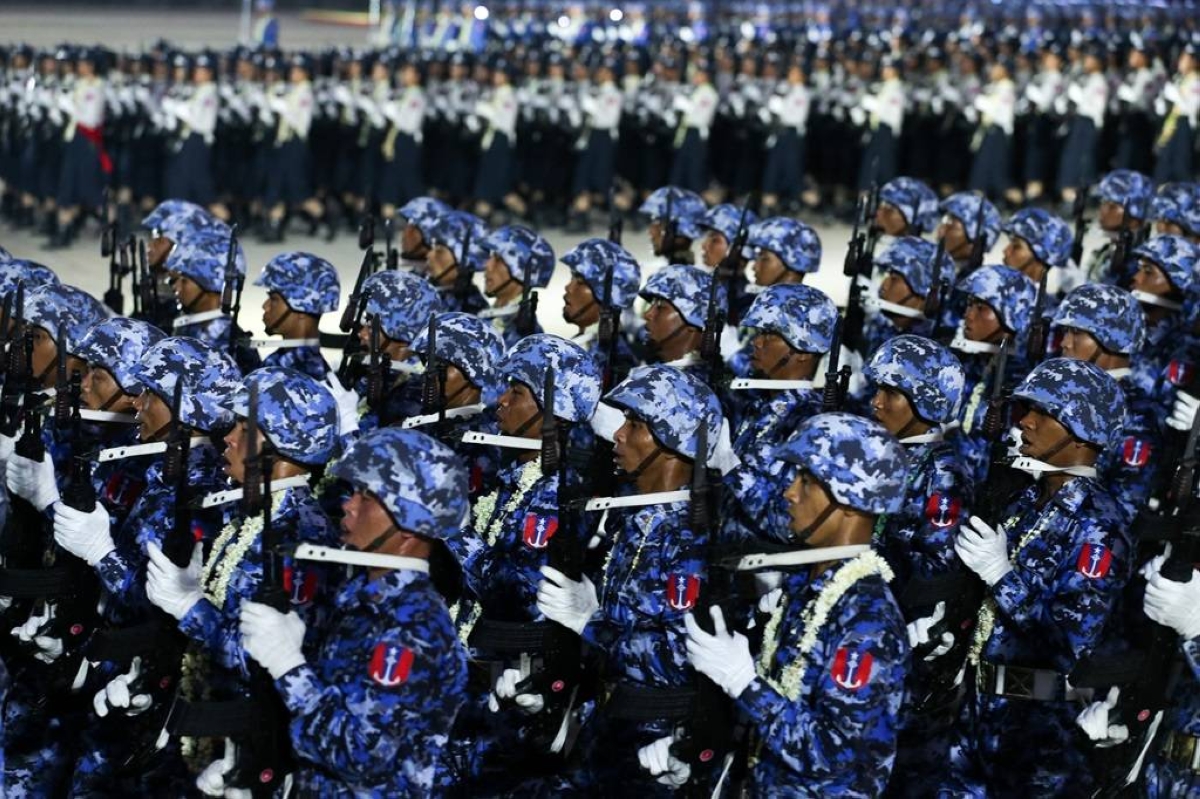 MARCHING IN MARCH Soldiers participate in a military parade to mark Myanmar’s 79th Armed Forces Day in the capital Naypyitaw on March 27, 2024. XINHUA PHOTO