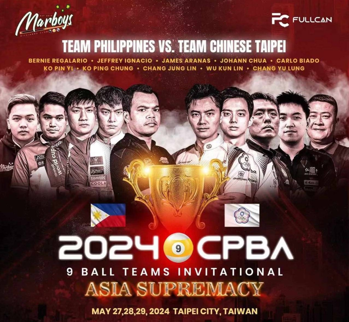The Philippines and Chinese Taipei will engage in a five-man duel for Asian Supremacy in the 2024 CPBA 9-Ball Teams Invitational tournament on May 27-29, 2024 in New Taipei City, Taiwan. CONTRIBUTED PHOTO