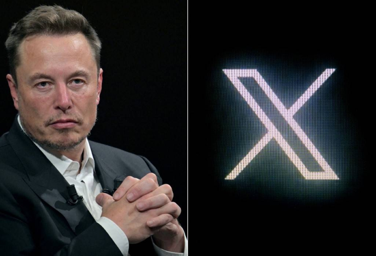 This combination of pictures created on Oct. 10, 2023 shows Elon Musk (left) during his visit to the Vivatech technology startups and innovation fair at the Porte de Versailles exhibition center in Paris on June 16, 2023; and the new Twitter logo, rebranded as X, pictured on a screen in Paris on July 24, 2023. AFP FILE PHOTO