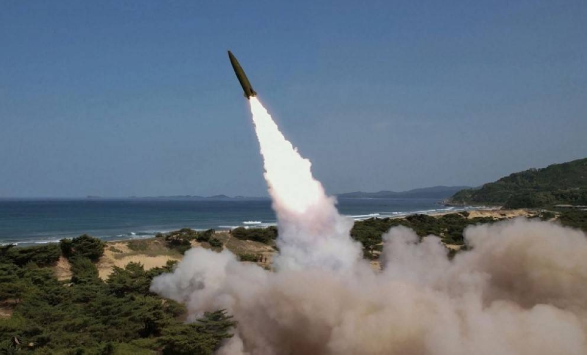 SHOOT INTO THE SEA A tactical ballistic missile equipped with new autonomous navigation system is test-fired at an undisclosed location in North Korea on May 17, 2024. KCNA/KOREA NEWS SERVICE PHOTO VIA AFP