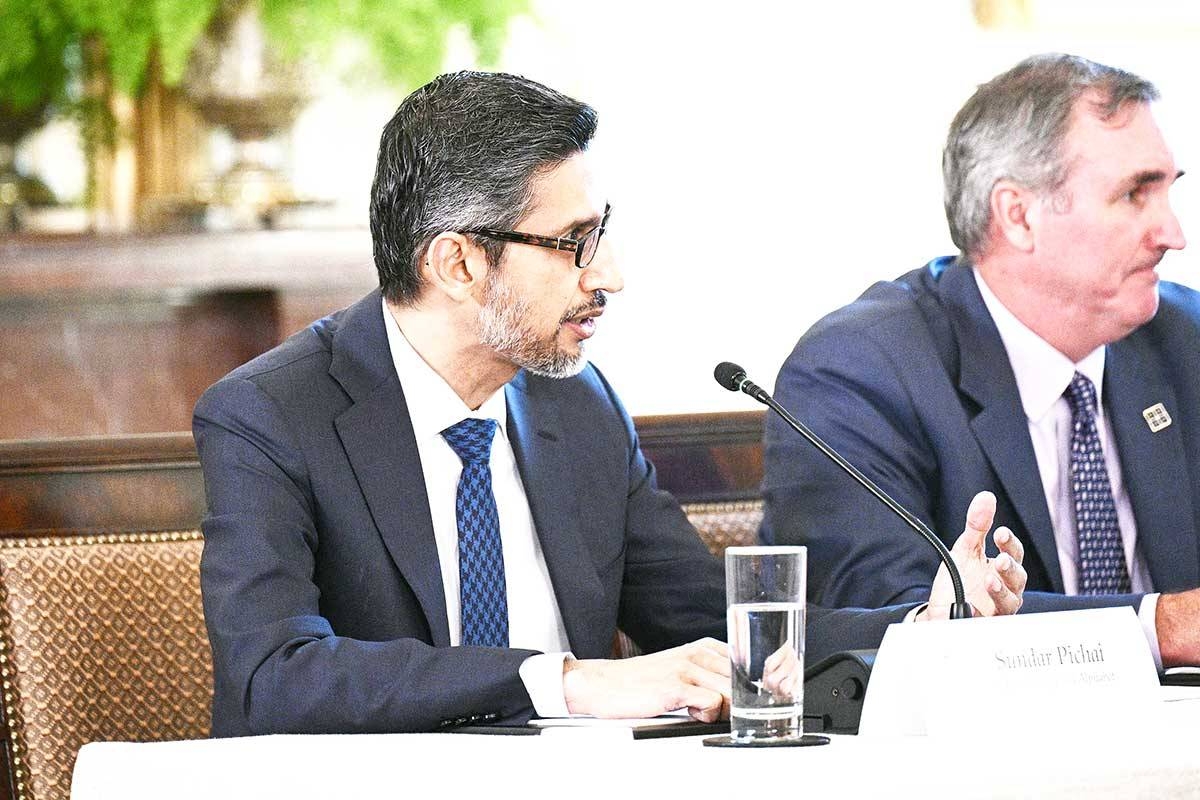 LEADING GAINS Google and Alphabet CEO Sundar Pichai speaks during a meeting at the White House in Washington, D.C., on Sept. 4, 2025. Google’s parent company Alphabet on Sept. 15 hit a market capitalization cap of $3 trillion for the first time. AFP PHOTO