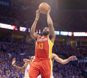 James Harden No.13 of the Houston Rockets puts up a shot against the Oklahoma City Thunder during the second half of Game Five of the Western Conference Quarterfinals of the 2013 NBA Playoffs at Chesapeake Energy Arena in Oklahoma City. 21 AFP PHOTO