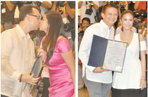 Being reelected to the Senate is one reason to be happy. But having someone to share the joy makes it even better. And so it was for Alan Peter Cayetano, as he kisses his wife Lani, who was also reelected mayor of Taguig. Chiz Escudero and the new love of his life, actress Heart Evangelista, were also all smiles after being part of the first six winners proclaimed by the Commission on Elections at the Philippine International Convention Center in Pasay City on Thursday evening. PHOTO BY Edwin Muli