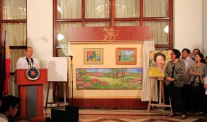 President Benigno Aquino 3rd speaks after unveiling a portrait of his mother, former president Cory Aquino, during the opening of the Gift of Self exhibit at the Manila Hotel on Tuesday. The exhibit, which features about 100 paintings and artworks of the former president, is being held to commemorate her fourth death anniversary. Aquino’s sisters Ballsy and Viel also attended the event. Photo By Alexis Corpuz