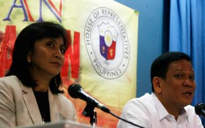 Rep. Maria Leonor “Leni” Robredo of Camarines Sur and Rep. Mel Sarmiento of First District of Western Samar sounded their call to fellow representatives to be transparent in the use of the Priority Development Assistance Fund during a press conference at the House of Representative in Quezon City on Tuesday. Photo By Miguel De Guzman 