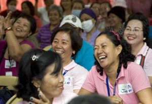 Cancer patients at the Jose Reyes Memorial Medical Center, Philippine Oncology Center and Cancer Institute are given a treatment of laughter yoga on Friday. The breathing exercise stimulates voluntary laughing. Practitioners claim laughter yoga relieves stress and strengthens the immune system, also promoting a positive outlook in life.  Photo By Rene Dilan 