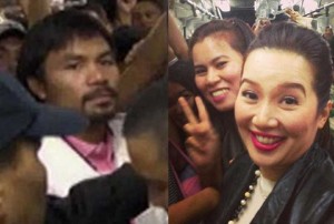 Presidential sister Kris Aquino (right) and People’s Champ Manny Pacquiao ride the Metro Rail Transit at the height of Wednesday’s traffic gridlock. For both celebrities, it was a rare chance to share the same mass transit that millions of Metro Manila residents take regularly.