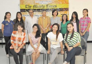 Nine OJT graduates of The Manila Times College pose with Manila Times Publisher- Editor Rene Bas, Business Editor Conrad Cariño, and Manila Times College coordinator and columnist Tita Valderama on Thursday. The new graduates are Charmaine Absin and Alvina Adora, both from Central Colleges of the Phils. and Anna Patricia Aguinaldo, Liezel Bigata, Deborah Grace Dumlao, Julia Alexandria Franco, Genalyn Jean Opleda, Jolly Ann Pellereo, and Rosalyn Tuazon from the Polytechnic University of the Phils. PHOTO BY EDWIN MULI