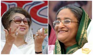 A combo photo created on March 10, 2007, shows Bangladesh Prime Minister Sheik Hasina (right) and opposition leader Khaleda Zia, chairperson of the Bangladesh Nationalist Party. AFP PHOTO