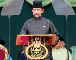 Brunei Sultan Hassanal Bolkiah delivers his speech during the official opening of the Majlis Ilmu in Bandar Seri Begawan on Tuesday. AFP PHOTO