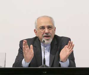 Iranian Foreign Minister Mohammad Javad Zarif speaking at a press conference at the CICG (Centre International de Conferences Geneve) after a deal was reached over Iran’s nuclear program in Geneva on Sunday. AFP PHOTO