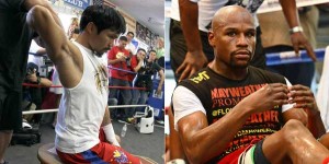 Manny Pacquiao (sitting) with former strength coach Alex Ariza and Floyd Mayweather Jr. AFP FILE PHOTOS