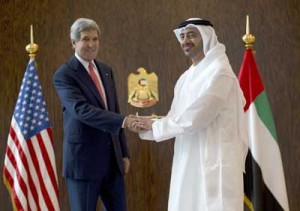 United States Secretary of State John Kerry (left) shakes hands with United Arab Emirates Foreign Minister Abdullah bin Zayed al-Nahyan at the foreign ministry in Abu Dhabi on Monday. AFP PHOTO