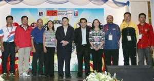 Delegates to the 2013 ASEAN Schools Golf Championships pose with local officials and sponsors, led by (from third from left) Junior Golf Federation of the Philippines president Luigi Tabuena, ICTSI Public Relations head Narlene Soriano, DepEd Undersecretary Rizalino Rivera, DepEd assistant secretary for legal and legislative affairs Tonisito Umali and ICTSI Foundation Inc. deputy executive director Filipina Laurena, during closing rites at Splendido Golf Club in Tagaytay. CONTRIBUTED PHOTO