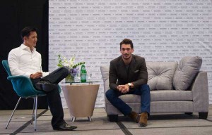 David Gandy with Marc Nelson (right), who moderates the question and answer at the press conference