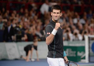 Serbia’s Novak Djokovic celebrates after winning the final match of the ninth and final ATP World Tour Masters 1000 indoor tennis tournament at the Bercy Palais-Omnisport (POPB) in Paris. AFP PHOTO