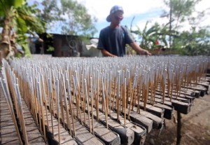 A worker dries firecrackers under the sun at a makeshift factory in Bocaue, Bulacan. Firecracker manufacturers in the province have increased their production since the start of December.  Photo By Miguel De Guzman 