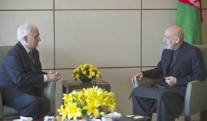 Indian External Affairs Minister Salman Khurshid (left) with Afghan President Hamid Karzai during a meeting in New Delhi on Friday. Karzai is on a four-day official visit to India until December 15. AFP PHOTO