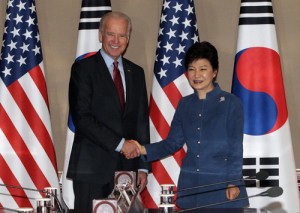 South Korean President Park Geun-hye (right) shaking hands with United States Vice President Joe Biden before their meeting at the presidential Blue House in Seoul on Friday. AFP PHOTO