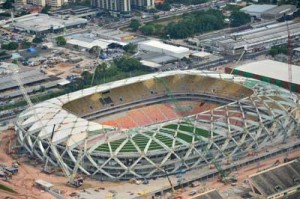 An aerial view of the Arena Manaus football stadium in Brazil taken on December 10. A construction worker was killed on Saturday (Sunday in Manila), the latest death to hit preparations for next year’s World Cup. AFP PHOTO