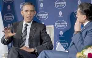 United States (US) President Barack Obama (left) speaks alongside Saban Forum Chairman Haim Saban about US, Iran and Israel and the Middle East at the 10th Anniversary Saban Forum hosted by the Saban Center for Middle East Policy at Brookings Institution in Washington, DC, on Saturday (Sunday in Manila). AFP PHOTO