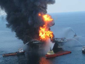 A United States Coast Guard file photo taken on April 21, 2010 shows fire boat response crews as they battle the blazing remnants of the off shore oil rig Deepwater Horizon. AFP PHOTO