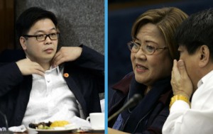 Davidson Bangayan (left) looks on as Justice Secretary Leila de Lima and Agriculture Secretary Proceso Alcala consult each other at the Senate investigation on rice smuggling. Bangayan denied that he is David Tan.  PHOTOS BY RENE H. DILAN 