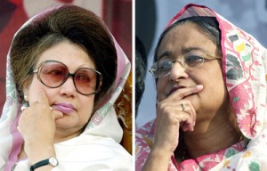 A combo of photos created on December 23, 2008 shows former Bangladesh’s last prime minister Khaleda Zia (left) and current Prime Minister Sheikh Hasina Wajed during their respective political rallies in Dhaka on December 21, 2005 and February 5, 2006. AFP PHOTO