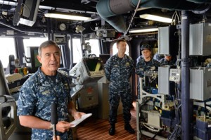 United States Navy’s Pacific Fleet commander Admiral Harry Harris (left) speaks to journalists during his visit to USS Spruance (DDG 111), Arleigh Burke-class guided-missile destroyer which docked in Sembawang wharves in Singapore on Wednesday. AFP PHOTO