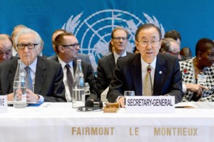 United Nations (UN) Secretary General Ban Ki-Moon (right) opens the so-called Geneva II peace talks next to UN-Arab League envoy for Syria Lakhdar Brahimi on Wednesday in Montreux. AFP PHOTO