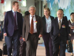 Norwegian Foreign Minister Borge Brende (left) talks to Norway Ambassador to the Philippines Knut Solem upon arriving at NAIA. With them are Philippine Ambassador to Norway Bayani Mercado (right). Brende will visit typhoon hit areas in Visayas today to check on rehabilitation efforts there. PHOTO BY BENJIE L. VERGARA 