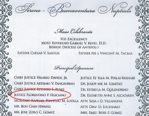 Retired Supreme Court Justice Florentino Feliciano is listed as a sponsor in this Sereno-Buenaventura wedding invitation.