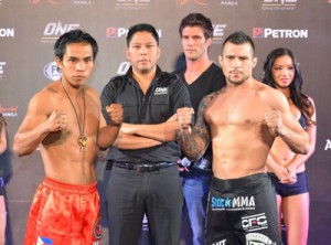 Kevin Belingon (left), One FC CEO Victor Cui and David Aranda Santacana during the weigh in of One FC Moment of Truth at the Mall of Asia Arena in Pasay City last December. PHOTO COURTESY OF ONE FC