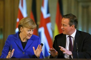 German Chancellor Angela Merkel (left) and Britain’s Prime Minister David Cameron attending a news conference at 10 Downing Street in London, on Thursday (Friday in Manila).  AFP PHOTO