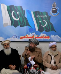 Members of a committee from Tehreek-e-Taliban Pakistan (TTP) which was set up to hold talks with the government of Pakistan, chief cleric of Islamabad’s Red Mosque, Maulana Abdul Aziz (right) and two senior religious party leaders, Maulana Sami-ul-Haq (center) and professor Ibrahim Khan hold a news conference after their meeting in Islamabad on Monday. AFP PHOTO