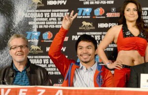 Trainer Freddie Roach (left) and Manny Pacquiao during the press conference of Pacquiao vs. Bradley 2 in the United States. AFP FILE PHOTO