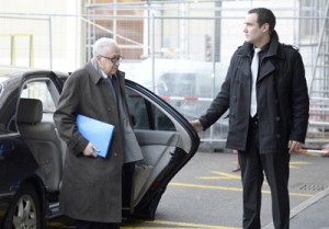 United Nations-Arab League envoy for Syria Lakhdar Brahimi (left) arrives to take part in the Syrian peace talks at the United Nations headquarters on Wednesday in Geneva. AFP PHOTO