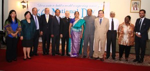 (From left) Ma. Angela Ponce, director, Asia and Pacific Affairs, Department of Foreign Affairs; Bernardita Catalla, executive director, Asia and Pacific Affairs, Department of Foreign Affairs; Ambassador Menashe Bar- On, Embassy of Israel; Ambassador Roberto Mayorga, Embassy of Chile; Ambassador John Gomes, Embassy of the Peoples Republic of Bangladesh; Archbishop Giuseppe Pinto, Dean of the Diplomatic Corps and Apostolic Nuncio; H.M.G.R.R.K. Wijeratne Mendis, Charge d’Affaires, Embassy of Sri Lanka; D.E.W. Gunasekera, Minister of Human Resources and Special Envoy of Mahinda Rajapaksa, President of Sri Lanka; Evan Garcia, undersecretary for Policy, Department of Foreign Affairs; Lionel Fernando, adviser to the Minister of Human Resources; Ambassador Ndateni Agnes Nyamande-Pitso, Embassy of South Africa; Alfonso Tagliaferri, Charge d’Affaires, of the Embassy of Italy