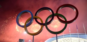 Fireworks explode around the Fisht Olympic Stadium at the end of the Closing Ceremony of the SochiWinter Olympics at the Olympic Park in Sochi. AFP PHOTO