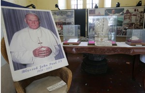 A chair and other memorabilia used by Pope John Paul II displayed at the Albay Cathedral. Photo By Rene Dilan