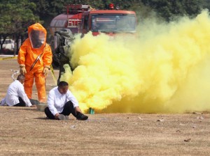 The Armed Forces of the Philippines and the Department of National Defense conduct drills in countering threats of chemical and biological attack at Camp Aquinaldo, Quezon City on Thursday. PHOTO BY MIKE DE JUAN 