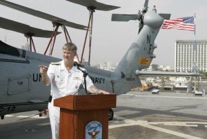  US Vice Admiral Robert Thomas Jr., commander of the Seventh Fleet, speaks during a press briefing aboard the USS Blue Ridge. PHOTO BY RENE H. DILAN