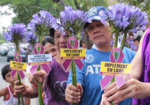 Supporters of the Reproductive Health Law bring flowers during a rally outside the Supreme Court on Tuesday as they call on the justices to vote for the constitionality of the landmark measure. PHOTO BY RUY L. MARTINEZ