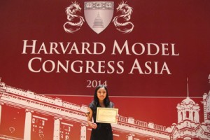 Chiara Abaquin, a Grade 12 student at MIIS and a member of the delegation representing the Philippines at the Harvard Model Congress Asia 2014, is awarded Best Delegate of the Press Corps in Hong Kong