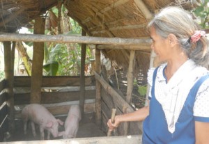 A Nagkakaisang Mamamayan ng Catarataraan sa Pangangalaga ng Kalikasan member with her two swine that she won during the training