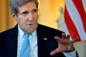 United States Secretary of State John Kerry speaks during a meeting with British Prime Minister David Cameron and Foreign Secretary William Hague in Downing Street in central London on Friday. Kerry arrived in London on an 11th-hour mission to head off a possible Russian annexation of Crimea on the heels of a breakaway vote by the Ukrainian region. AFP PHOTO