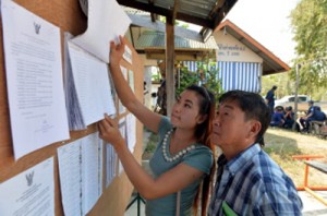 Thai people search for their names in the voting list prior to casting their vote at a polling station as part of a re-run of general elections in Taa Ta Kho village in Petchaburi province, south of Bangkok on Sunday. Polls opened peacefully in five Thai provinces for re-runs of a widely disrupted general election, authorities said, in the first move to complete a troubled vote that could provide a mandate for a new government. AFP PHOTO