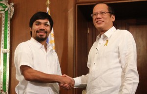 President Benigno Aquino 3rd congratulates Rep. Manny Pacquiao in Malacanang. MALACAÑANG PHOTO