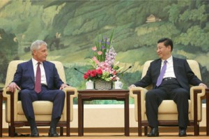 US Secretary of Defense Chuck Hagel (left) meets with Chinese President Xi Jinping at the Great Hall of the People in Beijing on Wednesday. AFP PHOTO