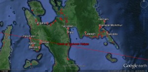 A map showing Leyte-Eastern Samar sites assessed in January and March, the mangrove areas highlighted